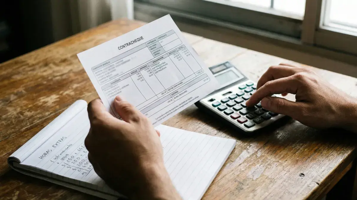 Pessoa calcula horas extras e valores no contracheque com uma calculadora.