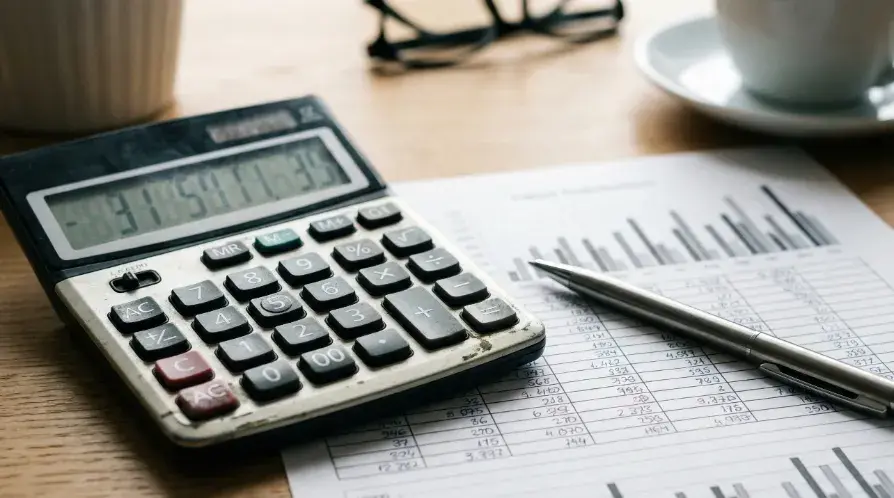 Calculadora e planilha com valores financeiros usadas para calcular custos que o profissional PJ precisa bancar sozinho