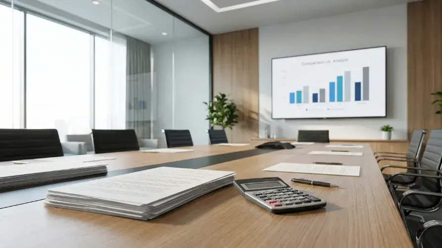 Sala de reunião corporativa com mesa de madeira, documentos impressos, calculadora e gráfico financeiro exibido em tela.