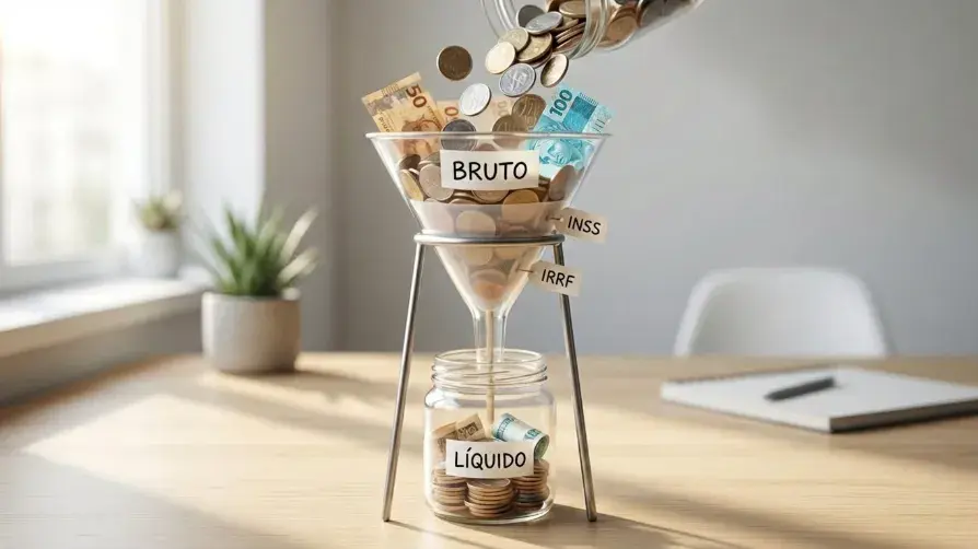 Fotografia conceitual ilustrando a diferença entre salário bruto e líquido: dinheiro sendo despejado em um funil com filtros de INSS e IRRF, caindo em menor quantidade em um pote rotulado como 'Líquido'.