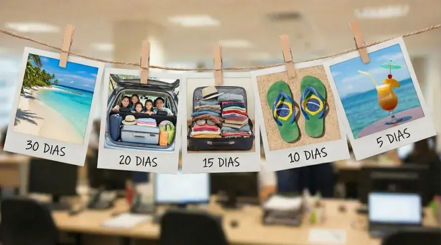 Fotos estilo Polaroid penduradas em varal mostram cenas de férias com diferentes durações (30, 20, 15, 10 e 5 dias) em um fundo de escritório desfocado.