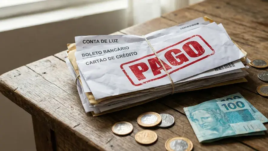 Uma pilha de contas (luz, boleto, cartão) carimbadas com PAGO em vermelho, dinheiro (R$ 100) e moedas brasileiras sobre uma mesa de madeira.