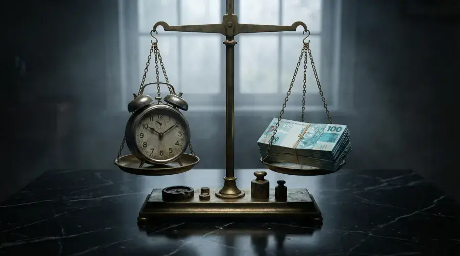 Fotografia de uma balança de latão vintage sobre uma mesa de mármore escuro. No prato esquerdo da balança, há um relógio despertador antigo de metal; no prato direito, um maço grosso de notas de 100 reais. O fundo é escuro e atmosférico, com uma janela embaçada e névoa suave