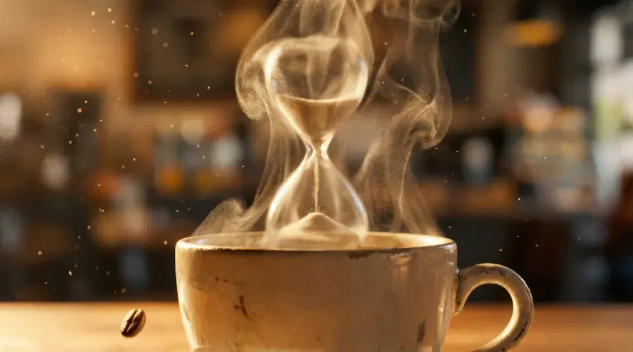 Fotografia macro de uma xícara de café cerâmica com vapor subindo em formato de uma ampulheta de vidro detalhada sobre uma mesa de madeira
