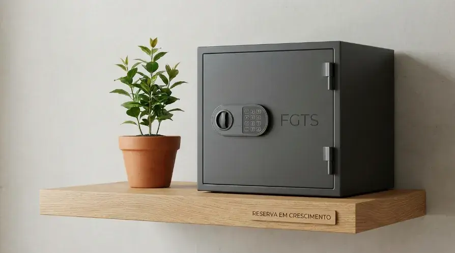 Cofre cinza com a inscrição FGTS ao lado de uma planta em prateleira de madeira.