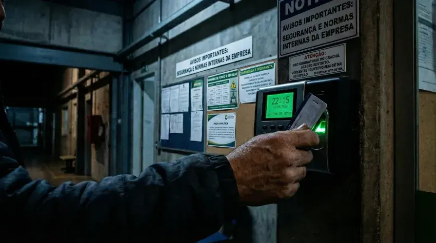 Trabalhador registrando ponto eletrônico à noite, com relógio digital marcando 22h15, em ambiente industrial com avisos de segurança na parede.