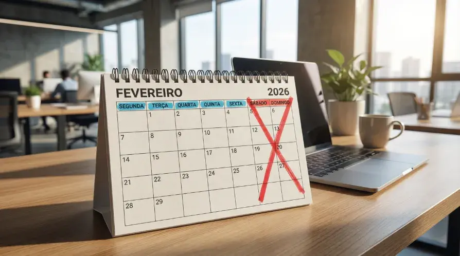 Calendário de mesa de fevereiro de 2026 com sábados e domingos marcados com um "X" vermelho, ilustrando a contagem de dias úteis.
