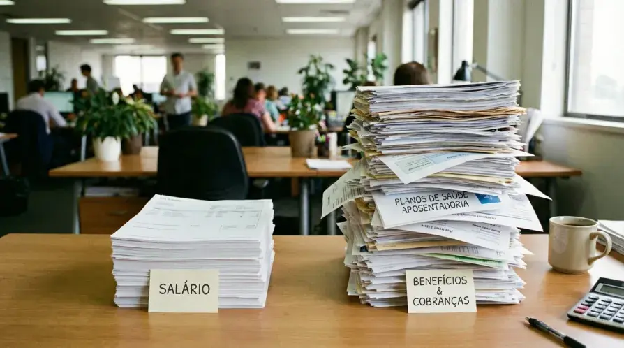 Pilhas de documentos em mesa de escritório comparando salário com benefícios e encargos trabalhistas, mostrando que o custo de funcionário CLT vai além do salário
