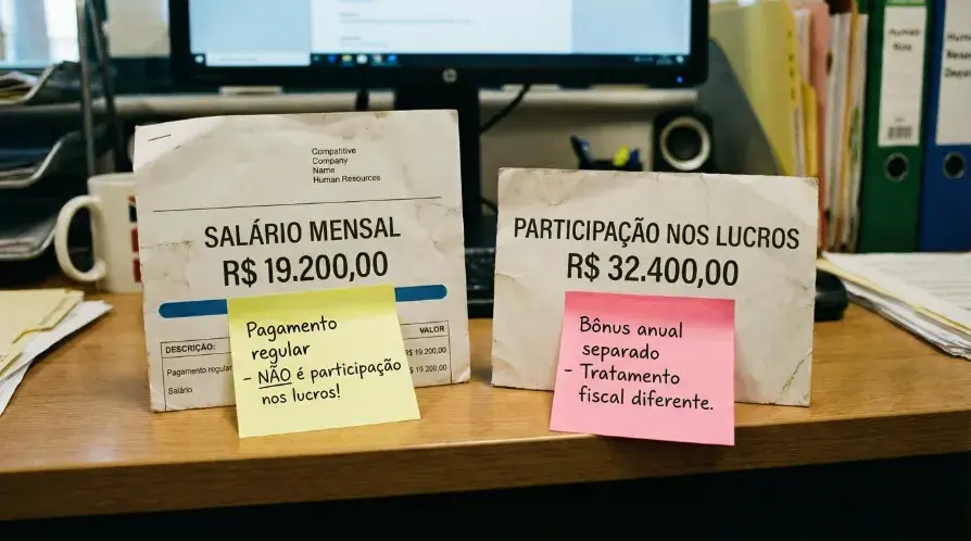 Comparação entre salário mensal e PLR em documentos sobre mesa, mostrando que a participação nos lucros tem tratamento fiscal diferente do salário