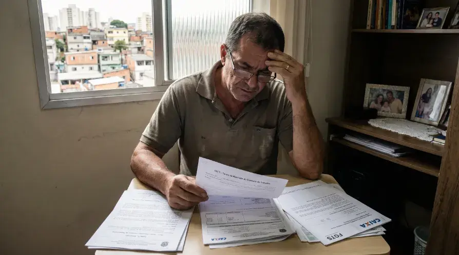 Trabalhador conferindo documentos de rescisão e TRCT após demissão sem justa causa, sentado à mesa em casa