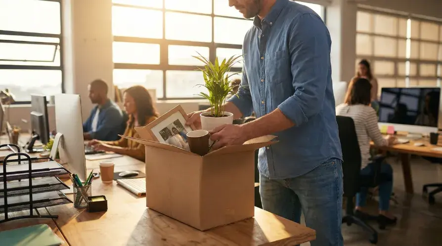 Funcionário guardando itens pessoais da mesa em uma caixa de papelão após pedir demissão