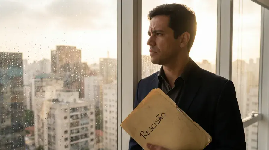 Profissional brasileiro pensativo olhando pela janela do escritório segurando pasta escrita 'Rescisão', refletindo sobre seus direitos após justa causa.