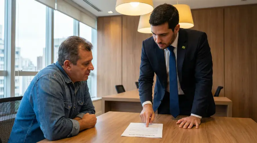 Acordo trabalhista art. 484-A: advogado explicando rescisão, FGTS e seguro-desemprego para trabalhador antes de assinar distrato