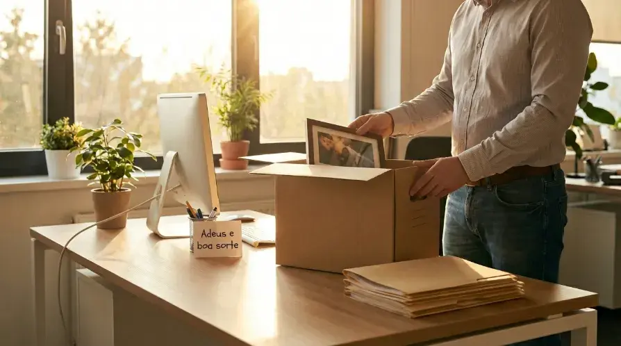 Empregado guarda pertences em caixa de papelão após cumprir aviso prévio trabalhado