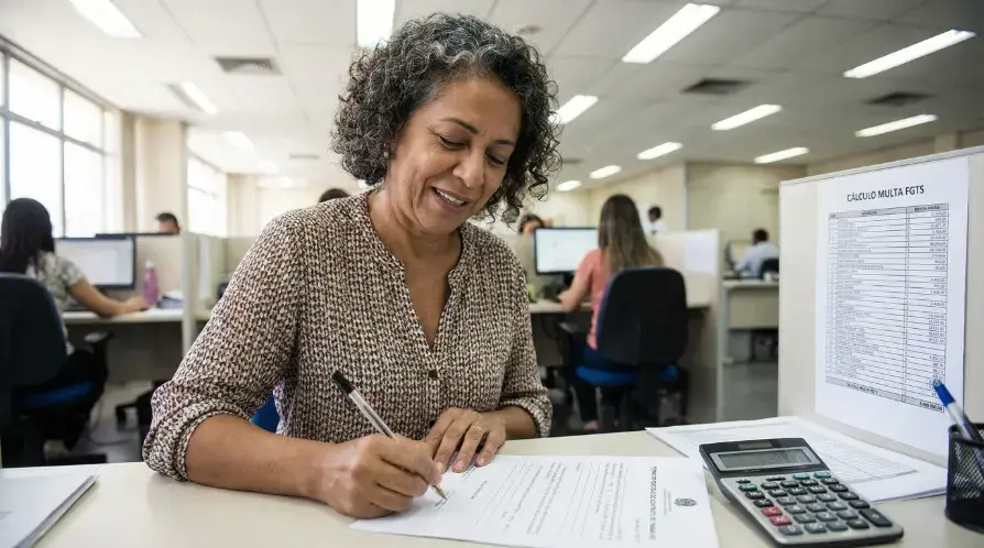 Trabalhadora brasileiro mais velha assinando a rescisão com expressão de alívio após conferir o cálculo da multa do FGTS.