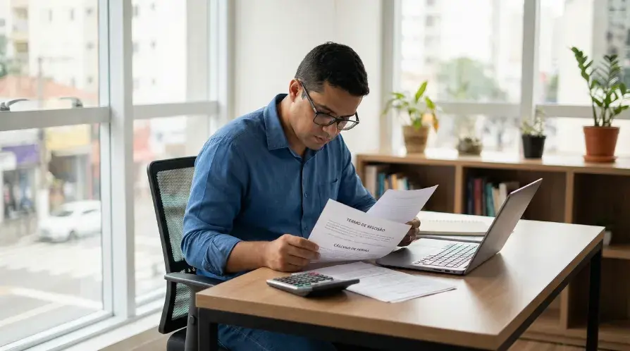 Trabalhador brasileiro em escritório moderno analisando documentos de rescisão e cálculo de férias vencidas e proporcionais sobre a mesa.