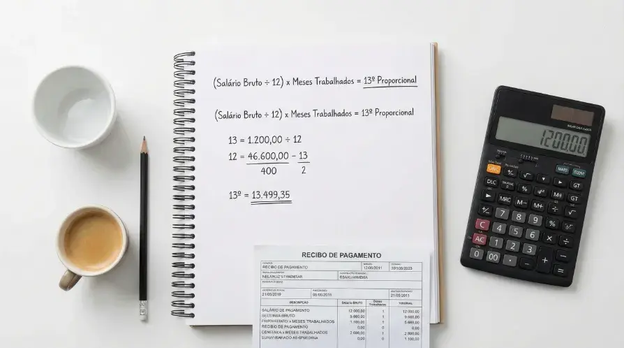Visão de cima de caderno com fórmula do 13º proporcional anotada, calculadora e holerite brasileiro sobre mesa branca.