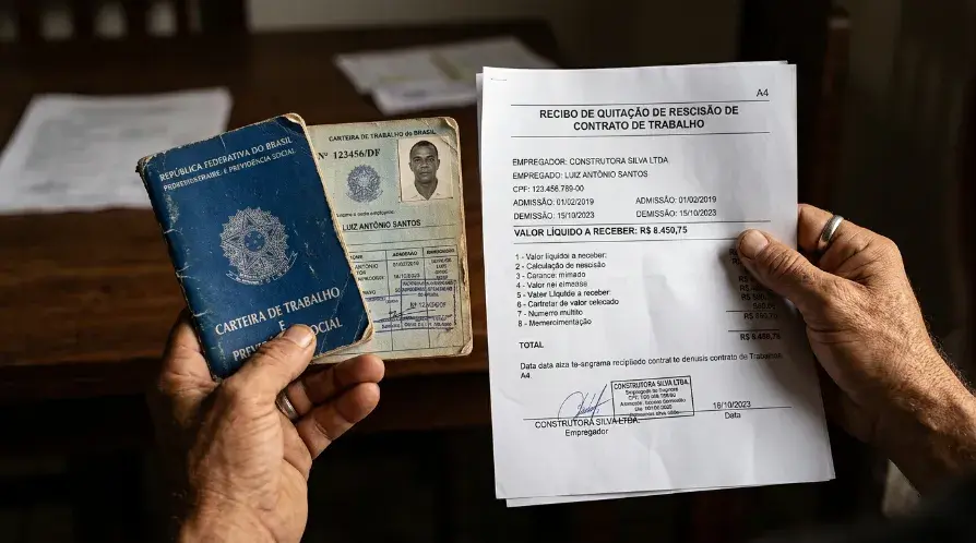 Close de mãos segurando carteira de trabalho e comprovante de pagamento de rescisão, destacando o cumprimento do prazo.