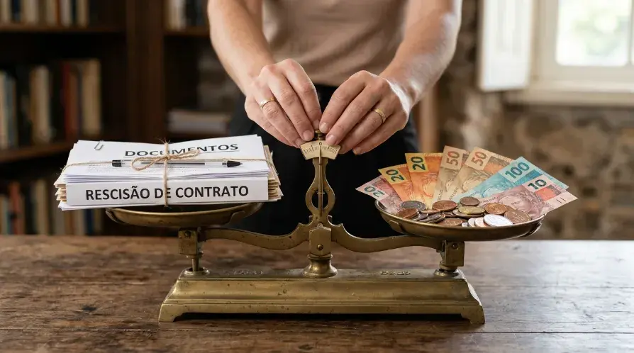 Balança dourada equilibrando documentos de rescisão de contrato e cédulas de reais brasileiros, representando os descontos de INSS e Imposto de Renda na rescisão