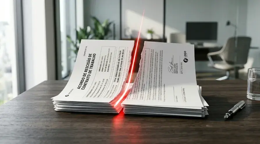 Pilha de documentos de rescisão CLT dividida ao meio representando erro no cálculo